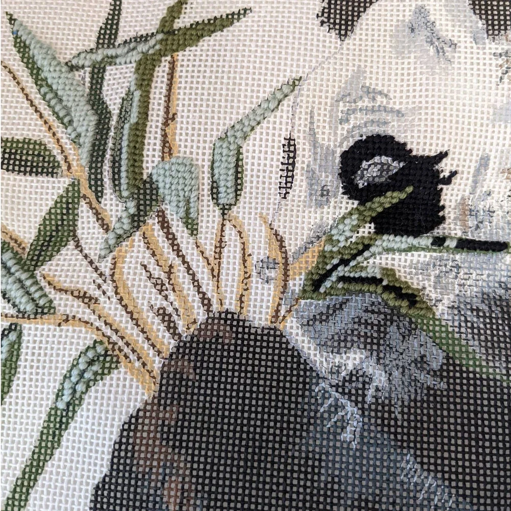 Vintage Hand Painted Needlepoint Canvas‎ Panda with Bamboo PARTIALLY COMPLETED